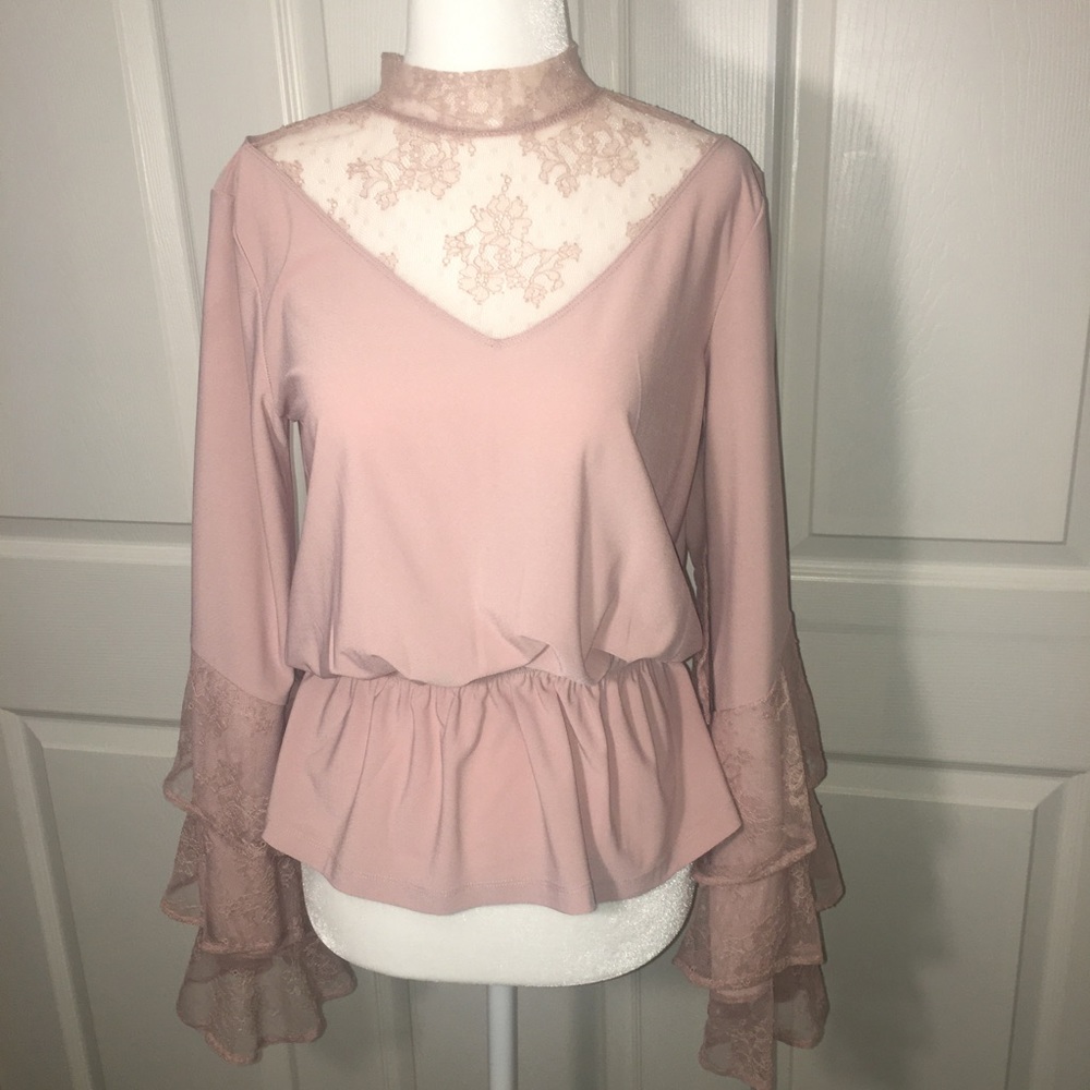 Leith XS Dusty Rose Lace Long Bell Sleeve Blouse